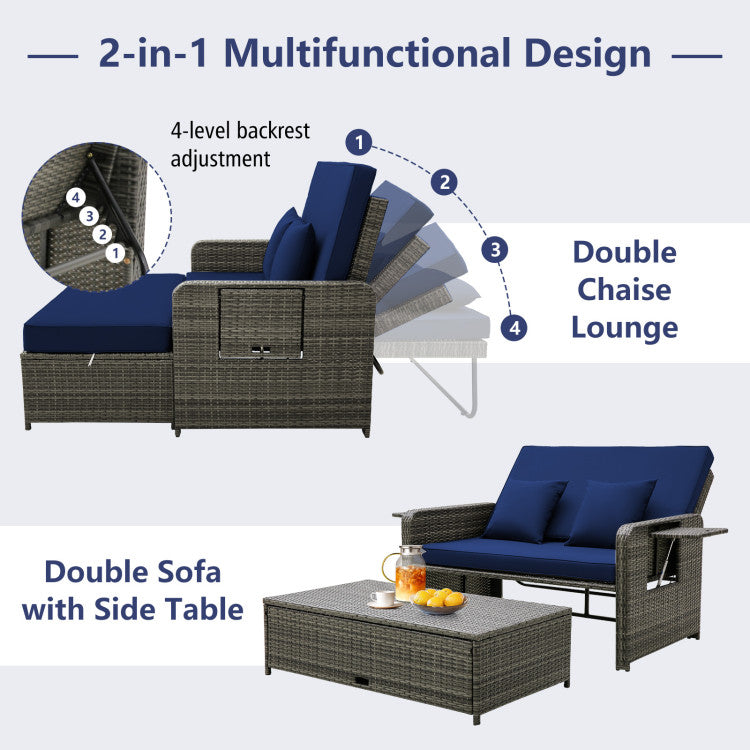 2-in-1 Multifunctional Patio Rattan Daybed Wicker Loveseat Sofa Set with Retractable Side Tray and Adjustable Backrest