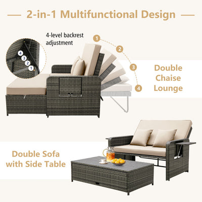 2-in-1 Multifunctional Patio Rattan Daybed Wicker Loveseat Sofa Set with Retractable Side Tray and Adjustable Backrest