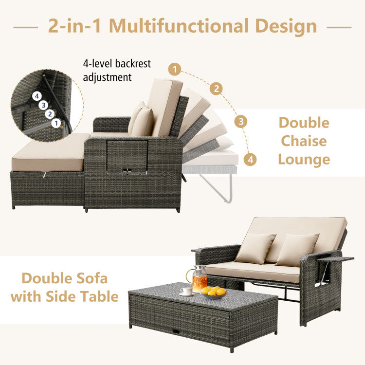 2-in-1 Multifunctional Patio Rattan Daybed Wicker Loveseat Sofa Set with Retractable Side Tray and Adjustable Backrest