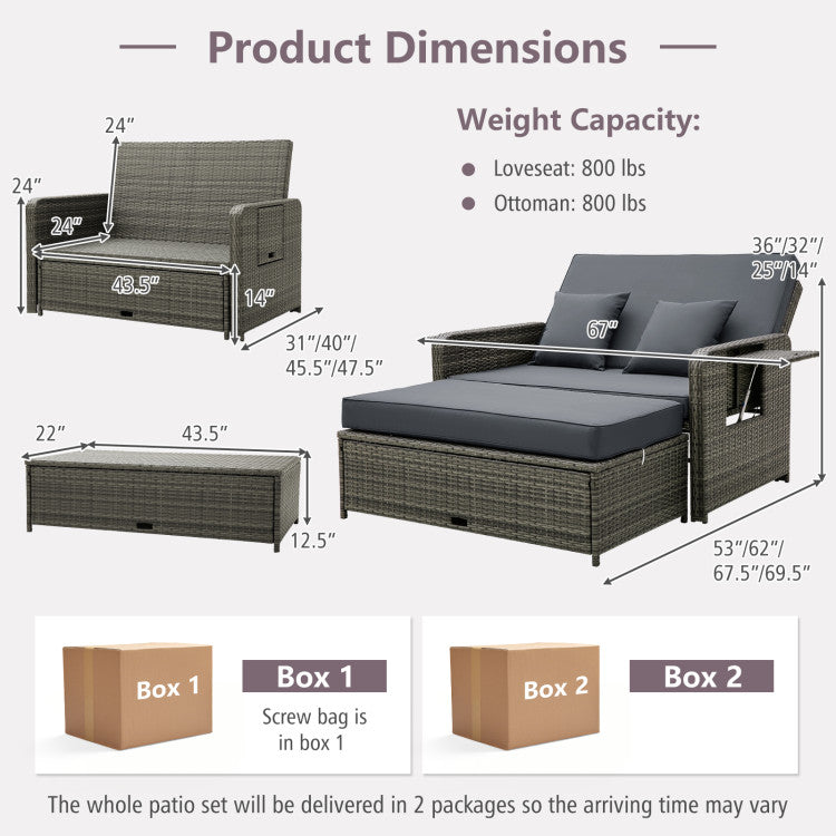 2-in-1 Multifunctional Patio Rattan Daybed Wicker Loveseat Sofa Set with Retractable Side Tray and Adjustable Backrest