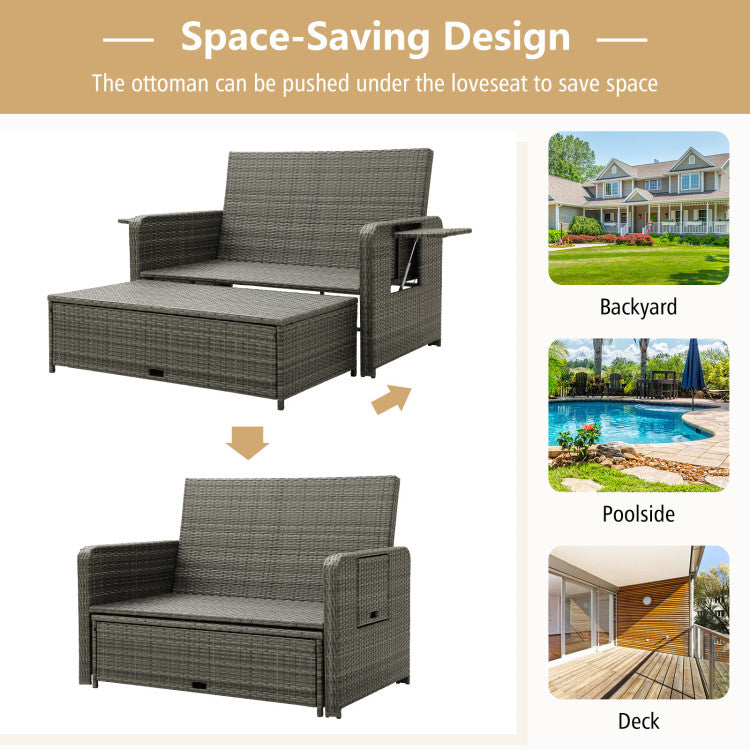 2-in-1 Multifunctional Patio Rattan Daybed Wicker Loveseat Sofa Set with Retractable Side Tray and Adjustable Backrest