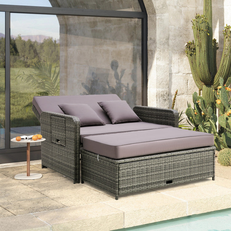 2-in-1 Multifunctional Patio Rattan Daybed Wicker Loveseat Sofa Set with Retractable Side Tray and Adjustable Backrest