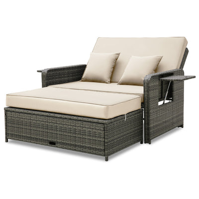 2-in-1 Multifunctional Patio Rattan Daybed Wicker Loveseat Sofa Set with Retractable Side Tray and Adjustable Backrest