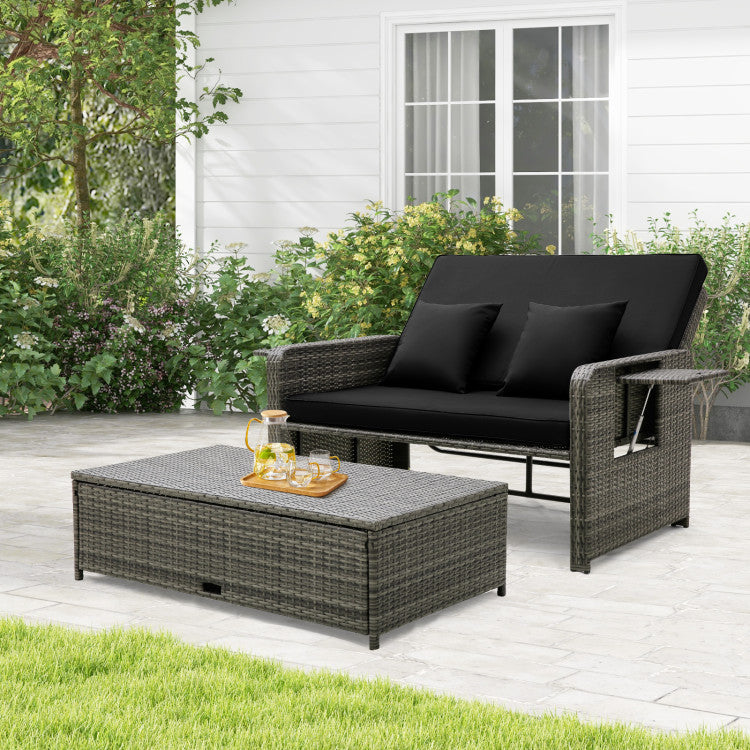 2-in-1 Multifunctional Patio Rattan Daybed Wicker Loveseat Sofa Set with Retractable Side Tray and Adjustable Backrest