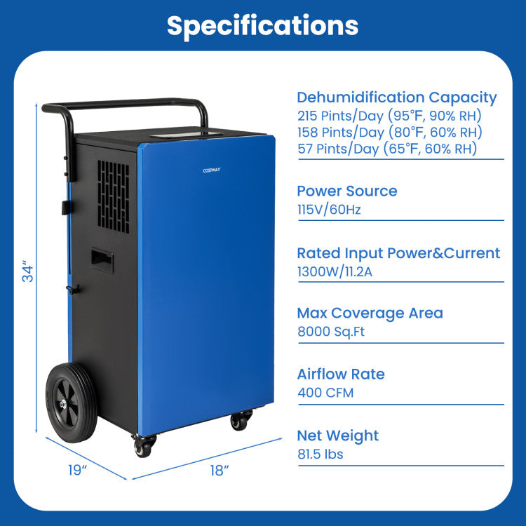 215 Pints Portable Commercial Grade Dehumidifier 8,000 Sq.Ft Industrial Dehumidifier with 24H Timer and Lockable Wheels for Warehouse Basement