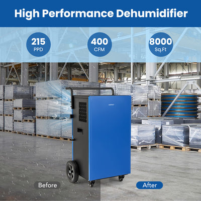 215 Pints Portable Commercial Grade Dehumidifier 8,000 Sq.Ft Industrial Dehumidifier with 24H Timer and Lockable Wheels for Warehouse Basement