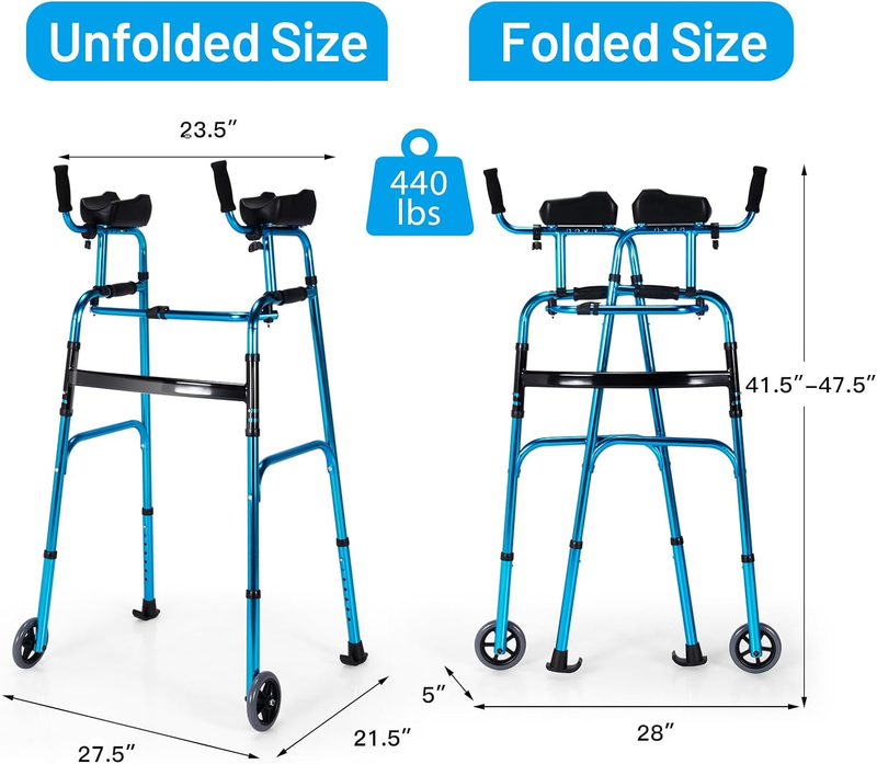 Foldable Standard Walker Height Adjustable Aluminum Alloy Rehabilitation Upright Walker with Removable Armrest for Walk Aid