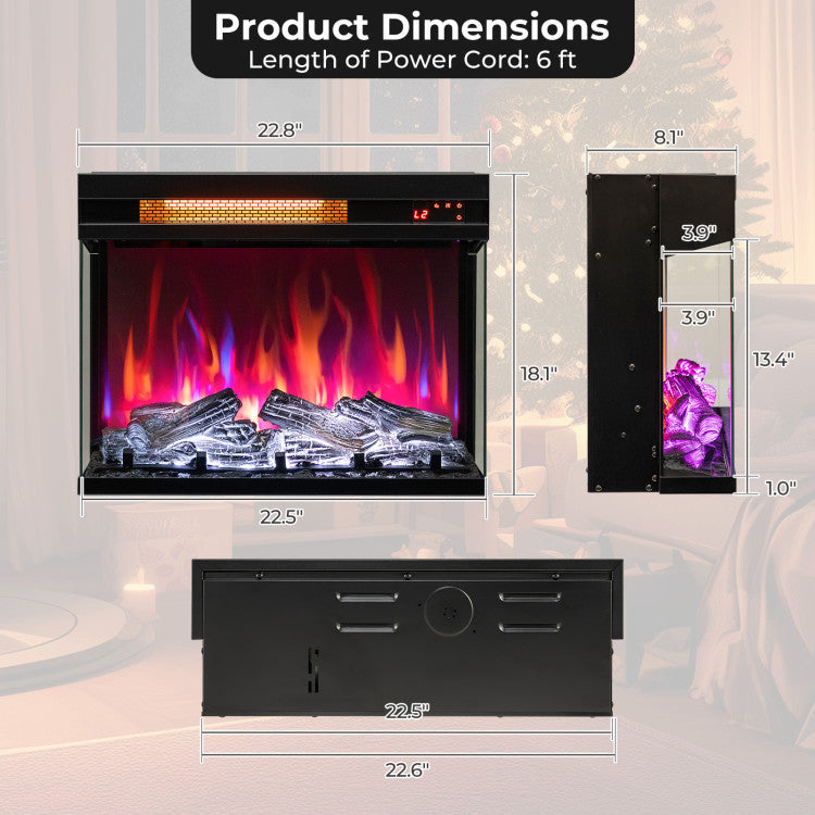 23 Inch 3-Sided Electric Fireplace Freestanding 1500W Recessed Fireplace Insert with Overheat Protection and Remote Control