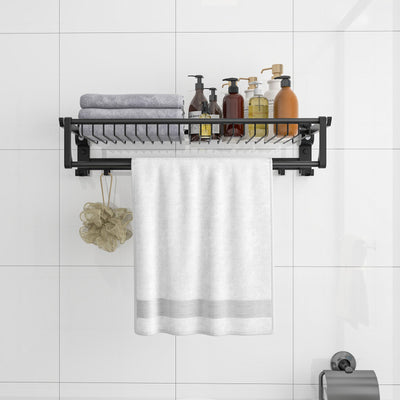 23.5" Wall Mounted Towel Rack Foldable Aluminum Towel Shelf Organizer with Adjustable Towel Bar and Movable Hooks for Bathroom