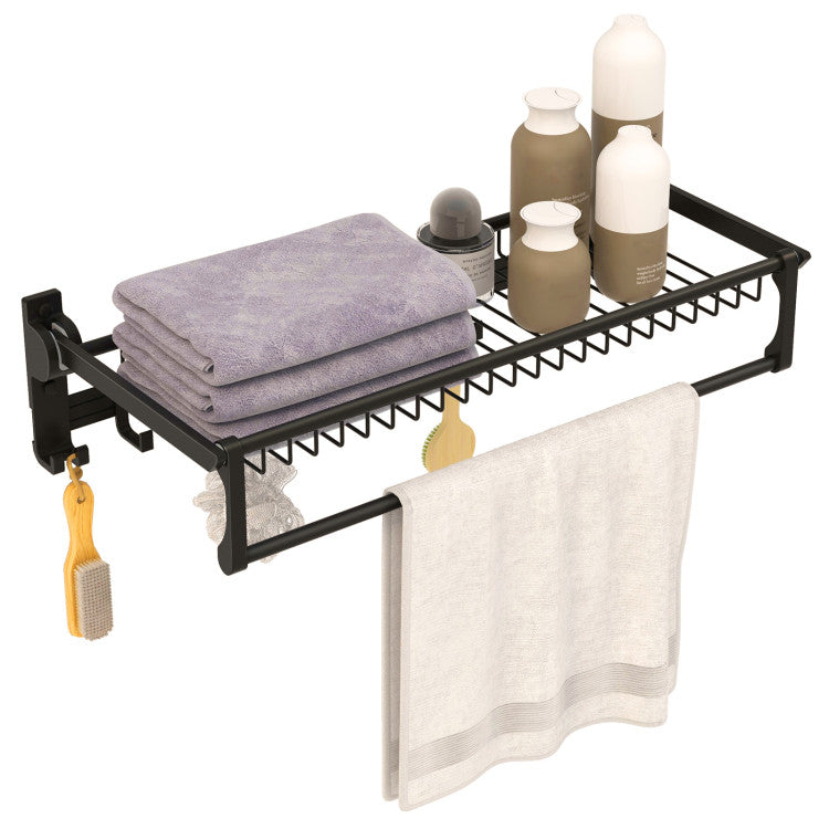 23.5" Wall Mounted Towel Rack Foldable Aluminum Towel Shelf Organizer with Adjustable Towel Bar and Movable Hooks for Bathroom