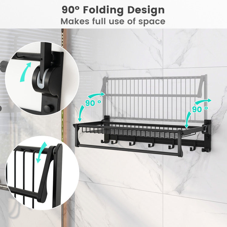 23.5" Wall Mounted Towel Rack Foldable Aluminum Towel Shelf Organizer with Adjustable Towel Bar and Movable Hooks for Bathroom