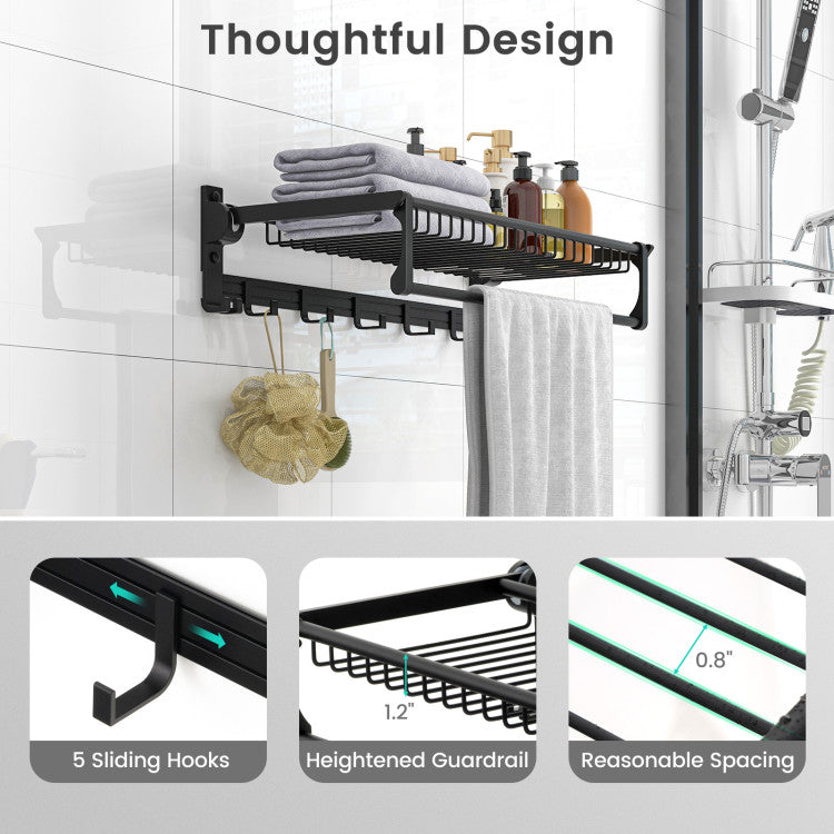 23.5" Wall Mounted Towel Rack Foldable Aluminum Towel Shelf Organizer with Adjustable Towel Bar and Movable Hooks for Bathroom