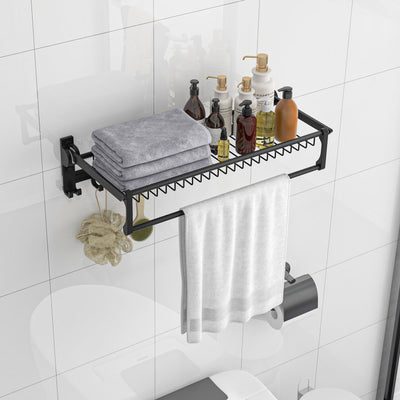 23.5" Wall Mounted Towel Rack Foldable Aluminum Towel Shelf Organizer with Adjustable Towel Bar and Movable Hooks for Bathroom