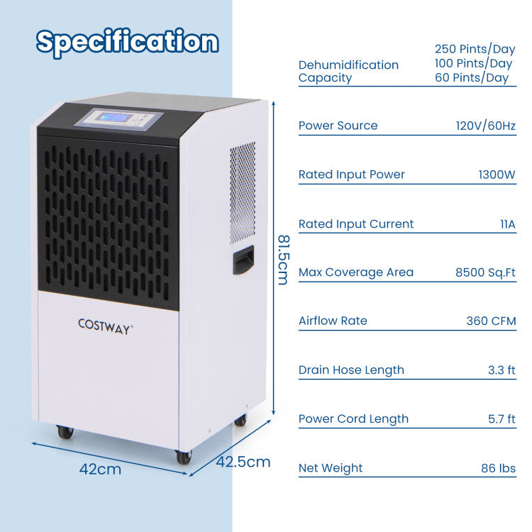 250 Pints Portable Commercial Dehumidifier Heavy Duty Industrial Dehumidifier with Auto Defrost Function and 24H Timer for Large Spaces Up To 8500 Sq.Ft