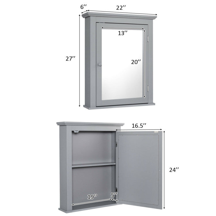 Wall Mount Bathroom Cabinet with One Mirror Single Door Adjustable Shelves Retro Handle