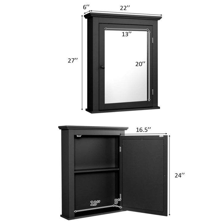 Wall Mount Bathroom Cabinet with One Mirror Single Door Adjustable Shelves Retro Handle