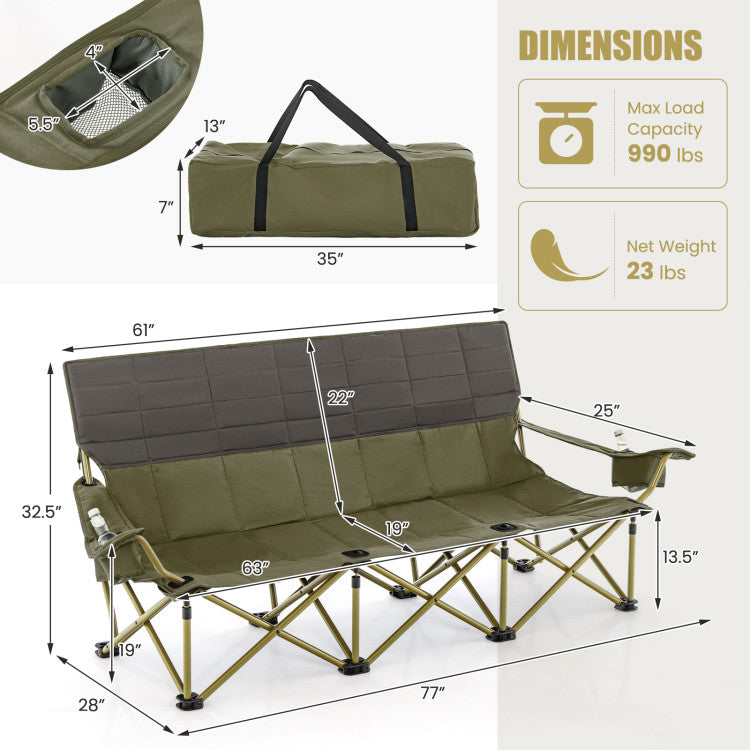 3 Person Folding Camping Chair Heavy-Duty Outdoor Oversized Couch with Cup Holders and Storage Bag for Beach Picnic Travel