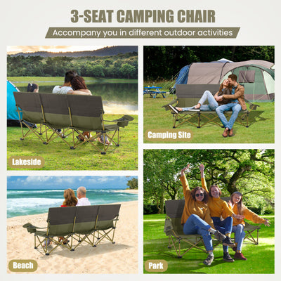 3 Person Folding Camping Chair Heavy-Duty Outdoor Oversized Couch with Cup Holders and Storage Bag for Beach Picnic Travel