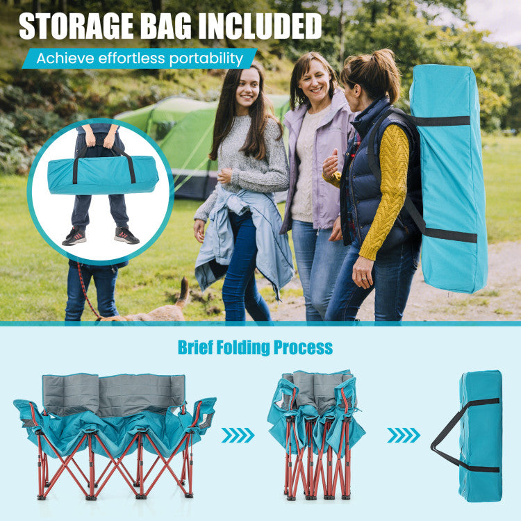 3 Person Folding Camping Chair Heavy-Duty Outdoor Oversized Couch with Cup Holders and Storage Bag for Beach Picnic Travel