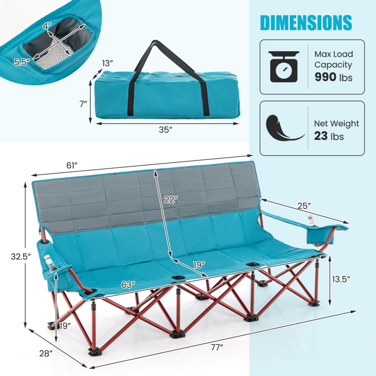 3 Person Folding Camping Chair Heavy-Duty Outdoor Oversized Couch with Cup Holders and Storage Bag for Beach Picnic Travel