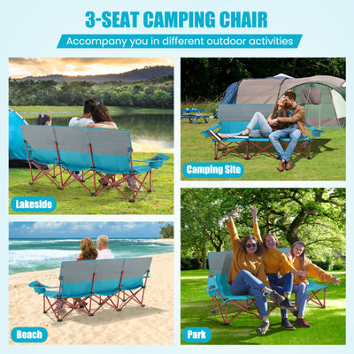 3 Person Folding Camping Chair Heavy-Duty Outdoor Oversized Couch with Cup Holders and Storage Bag for Beach Picnic Travel