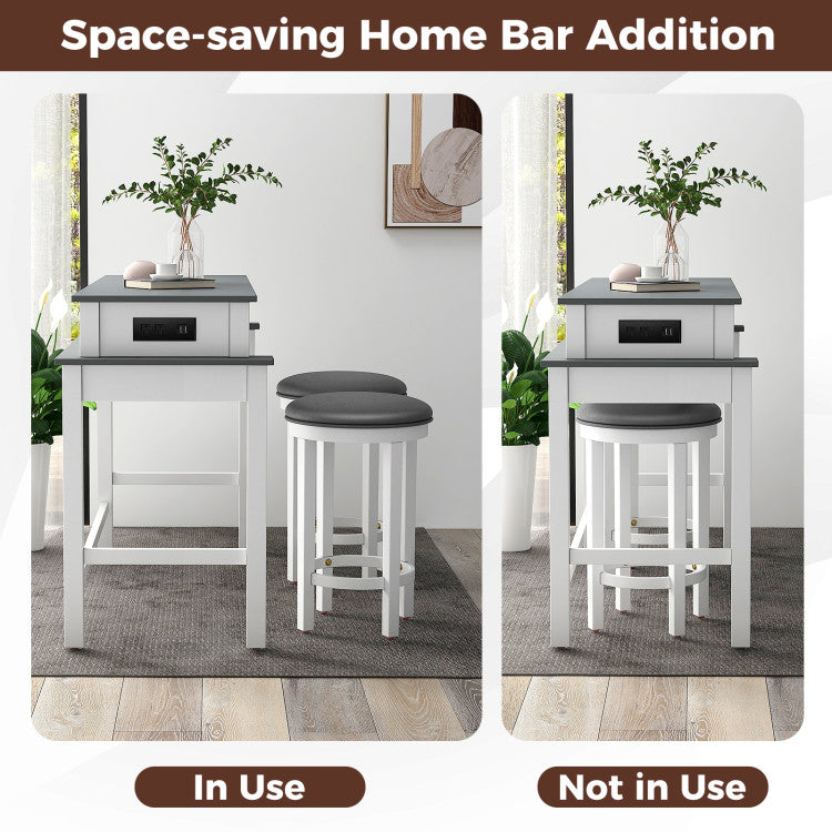 3-Piece Bar Table and Stools Set Counter Height Dining Table Set with Adjustable Foot Pads and USB Ports