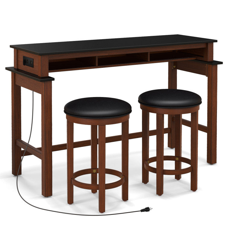 3-Piece Bar Table and Stools Set Counter Height Dining Table Set with Adjustable Foot Pads and USB Ports