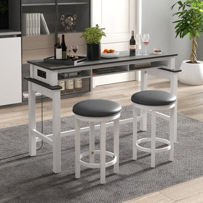 3-Piece Bar Table and Stools Set Counter Height Dining Table Set with Adjustable Foot Pads and USB Ports