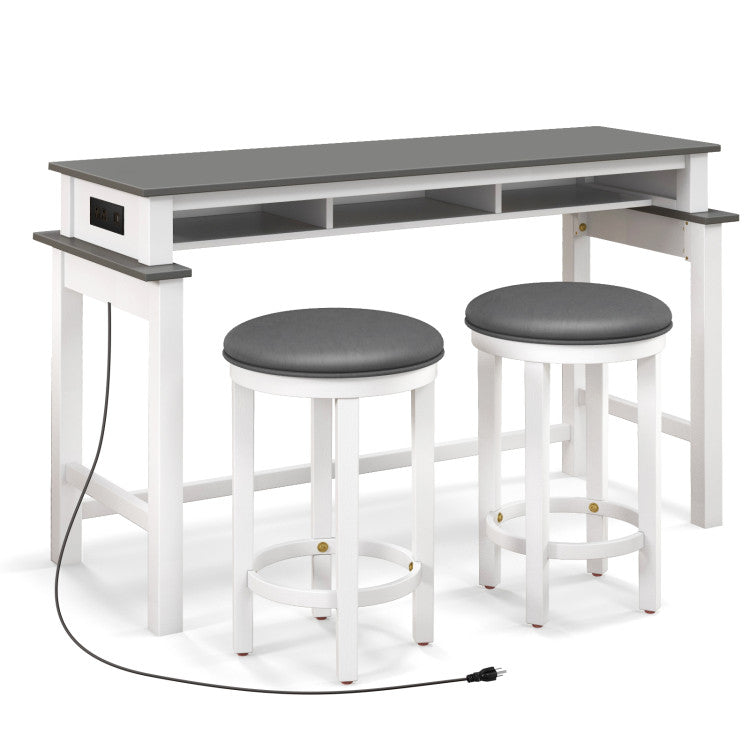 3-Piece Bar Table and Stools Set Counter Height Dining Table Set with Adjustable Foot Pads and USB Ports