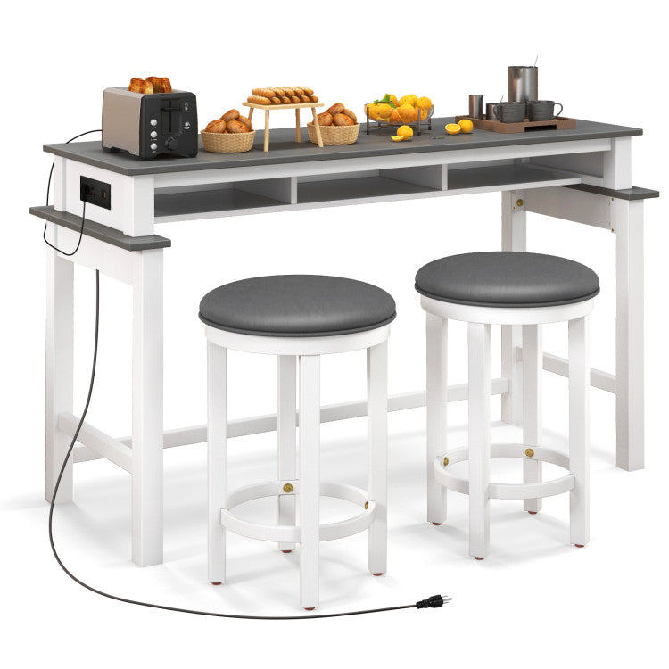 3-Piece Bar Table and Stools Set Counter Height Dining Table Set with Adjustable Foot Pads and USB Ports