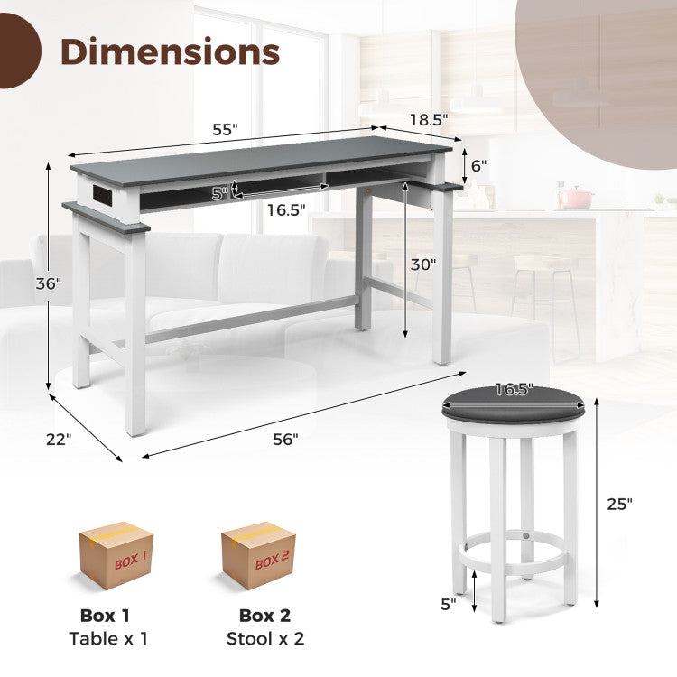 3-Piece Bar Table and Stools Set Counter Height Dining Table Set with Adjustable Foot Pads and USB Ports