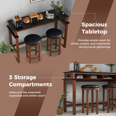 3-Piece Bar Table and Stools Set Counter Height Dining Table Set with Adjustable Foot Pads and USB Ports