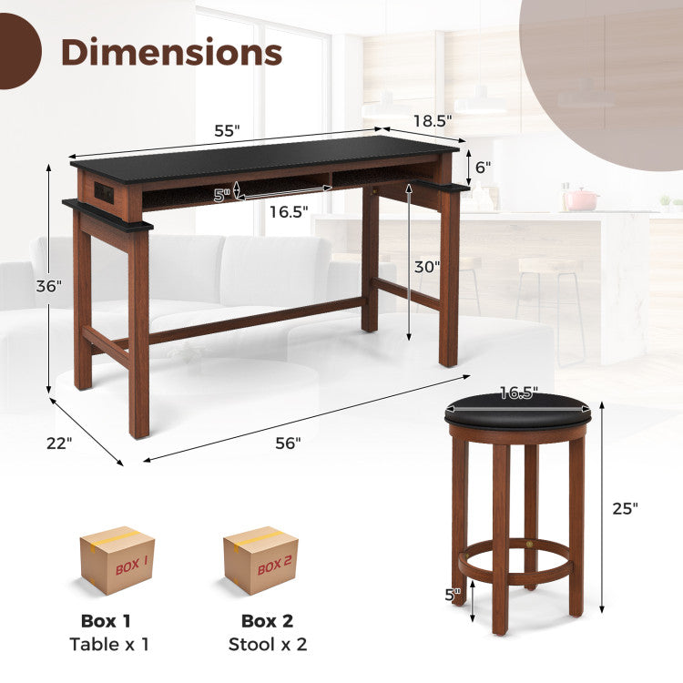 3-Piece Bar Table and Stools Set Counter Height Dining Table Set with Adjustable Foot Pads and USB Ports