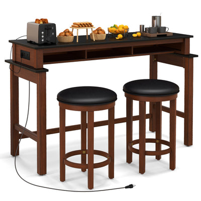 3-Piece Bar Table and Stools Set Counter Height Dining Table Set with Adjustable Foot Pads and USB Ports