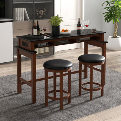 3-Piece Bar Table and Stools Set Counter Height Dining Table Set with Adjustable Foot Pads and USB Ports