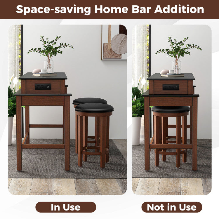 3-Piece Bar Table and Stools Set Counter Height Dining Table Set with Adjustable Foot Pads and USB Ports