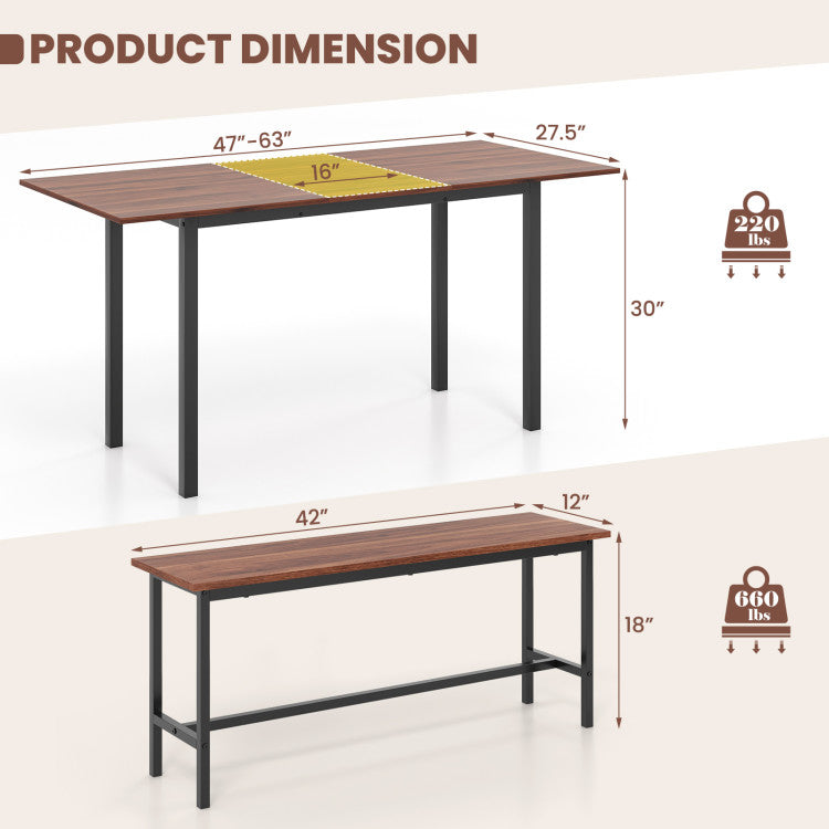 3 Piece Dining Table Set 63” Extendable Dinette Nook Table Set with Benches for 4-6