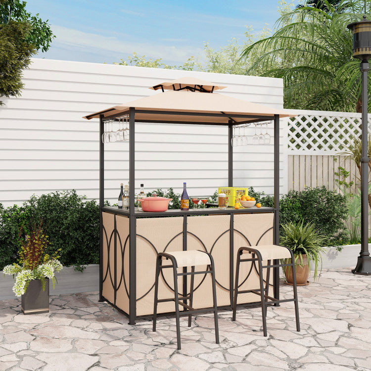 3-Piece Patio Bar Set Heavy-duty 2-Tier Soft Top Canopy BBQ Grill Gazebo Shelter with Glass Holders and Metal Storage Shelves