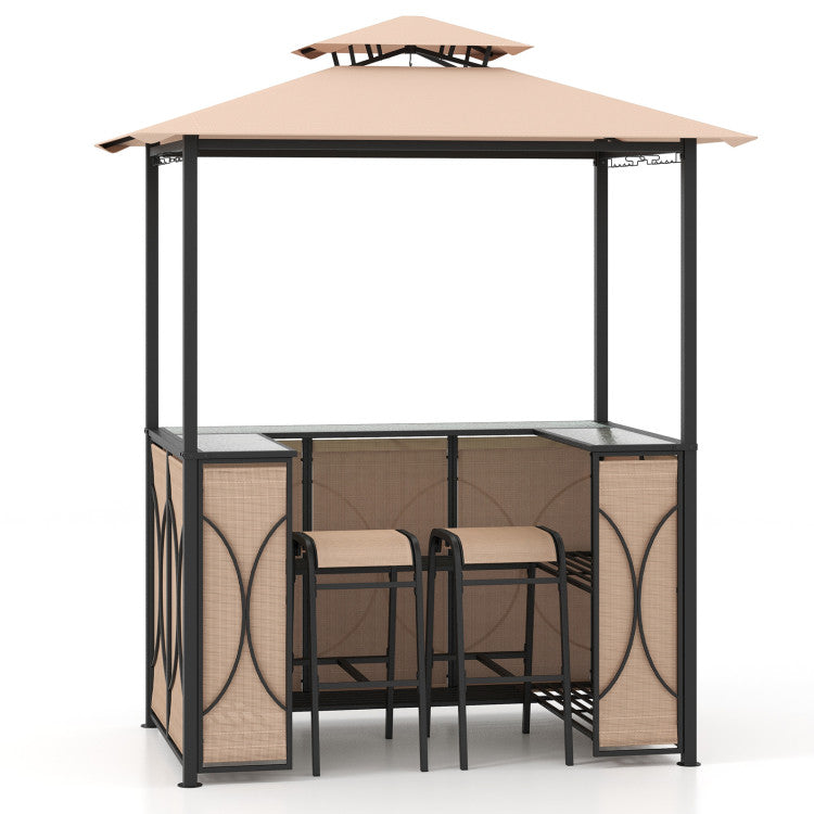 3-Piece Patio Bar Set Heavy-duty 2-Tier Soft Top Canopy BBQ Grill Gazebo Shelter with Glass Holders and Metal Storage Shelves