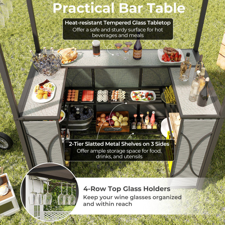 3-Piece Patio Bar Set Heavy-duty 2-Tier Soft Top Canopy BBQ Grill Gazebo Shelter with Glass Holders and Metal Storage Shelves