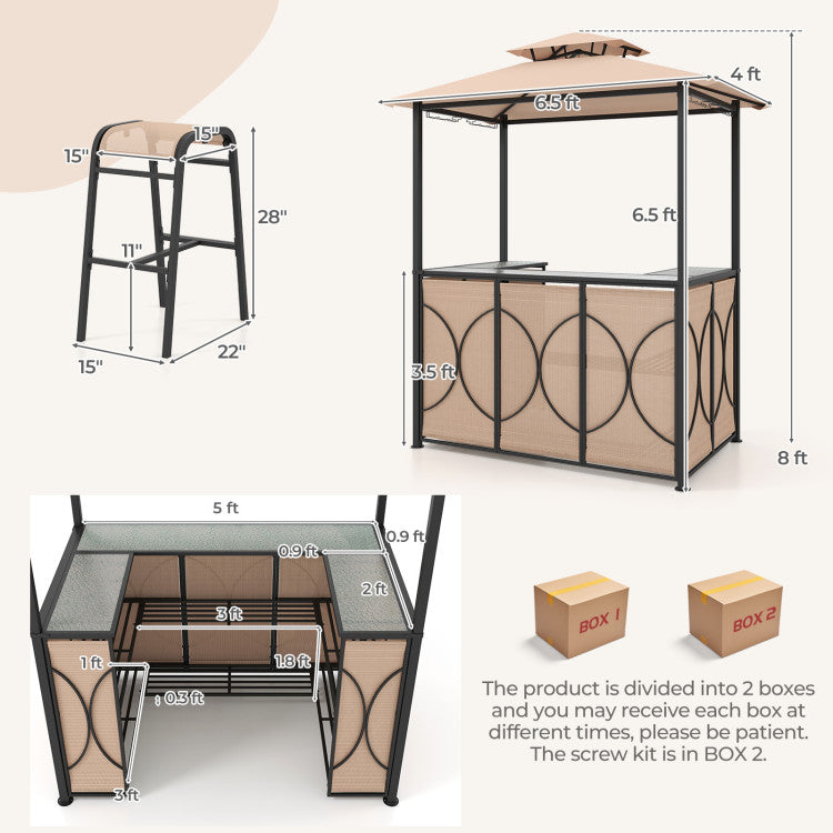 3-Piece Patio Bar Set Heavy-duty 2-Tier Soft Top Canopy BBQ Grill Gazebo Shelter with Glass Holders and Metal Storage Shelves