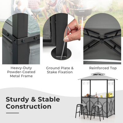 3-Piece Patio Bar Set Heavy-duty 2-Tier Soft Top Canopy BBQ Grill Gazebo Shelter with Glass Holders and Metal Storage Shelves