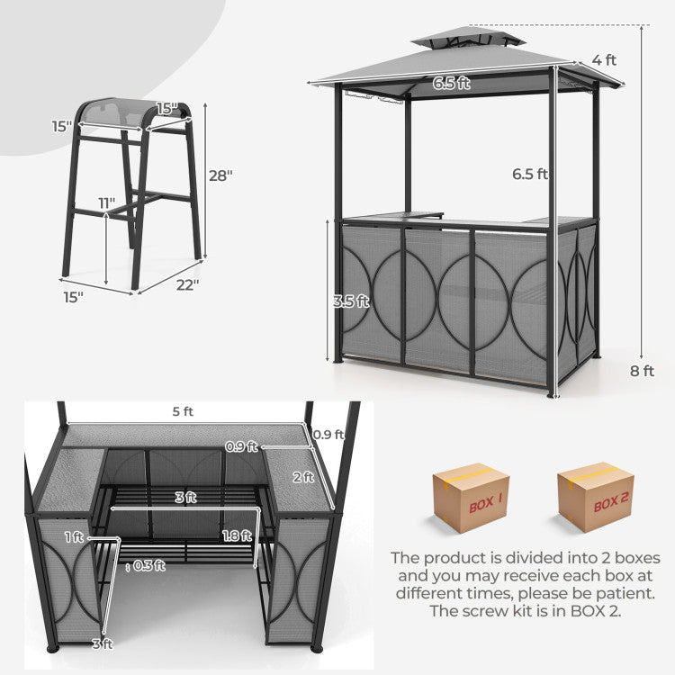 3-Piece Patio Bar Set Heavy-duty 2-Tier Soft Top Canopy BBQ Grill Gazebo Shelter with Glass Holders and Metal Storage Shelves