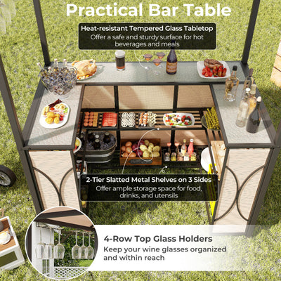 3-Piece Patio Bar Set Heavy-duty 2-Tier Soft Top Canopy BBQ Grill Gazebo Shelter with Glass Holders and Metal Storage Shelves