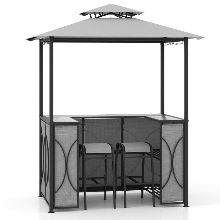 3-Piece Patio Bar Set Heavy-duty 2-Tier Soft Top Canopy BBQ Grill Gazebo Shelter with Glass Holders and Metal Storage Shelves