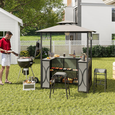 3-Piece Patio Bar Set Heavy-duty 2-Tier Soft Top Canopy BBQ Grill Gazebo Shelter with Glass Holders and Metal Storage Shelves