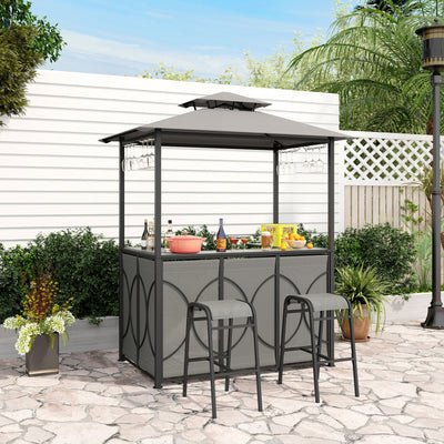 3-Piece Patio Bar Set Heavy-duty 2-Tier Soft Top Canopy BBQ Grill Gazebo Shelter with Glass Holders and Metal Storage Shelves