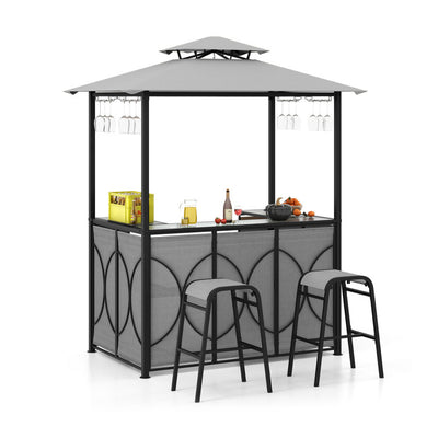 3-Piece Patio Bar Set Heavy-duty 2-Tier Soft Top Canopy BBQ Grill Gazebo Shelter with Glass Holders and Metal Storage Shelves