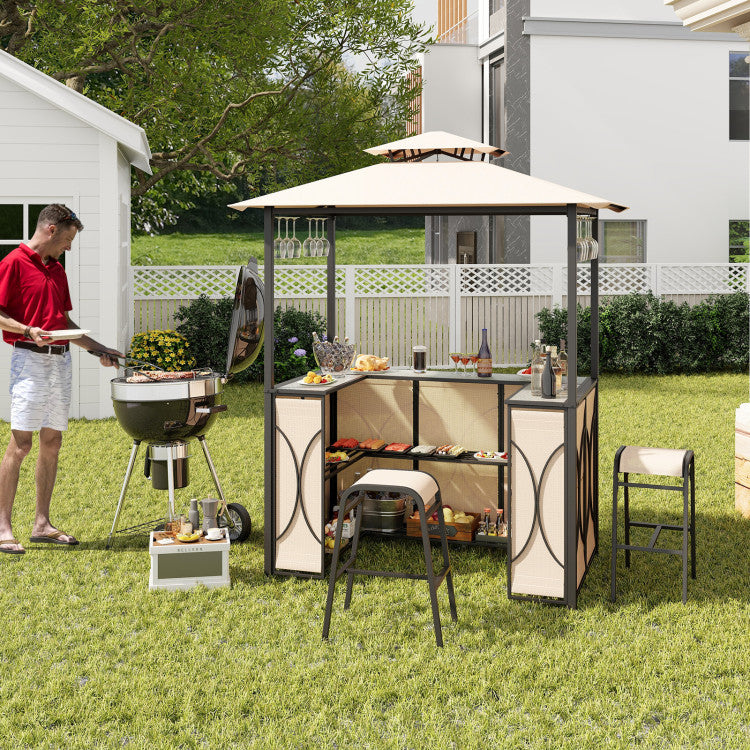 3-Piece Patio Bar Set Heavy-duty 2-Tier Soft Top Canopy BBQ Grill Gazebo Shelter with Glass Holders and Metal Storage Shelves