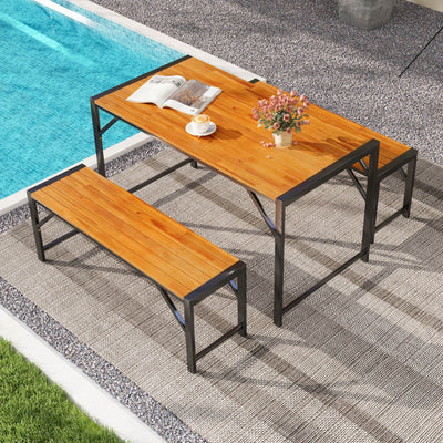 3 Pieces Outdoor Acacia Wood Dining Table Set with Adjustable Footpads and 2 Benches